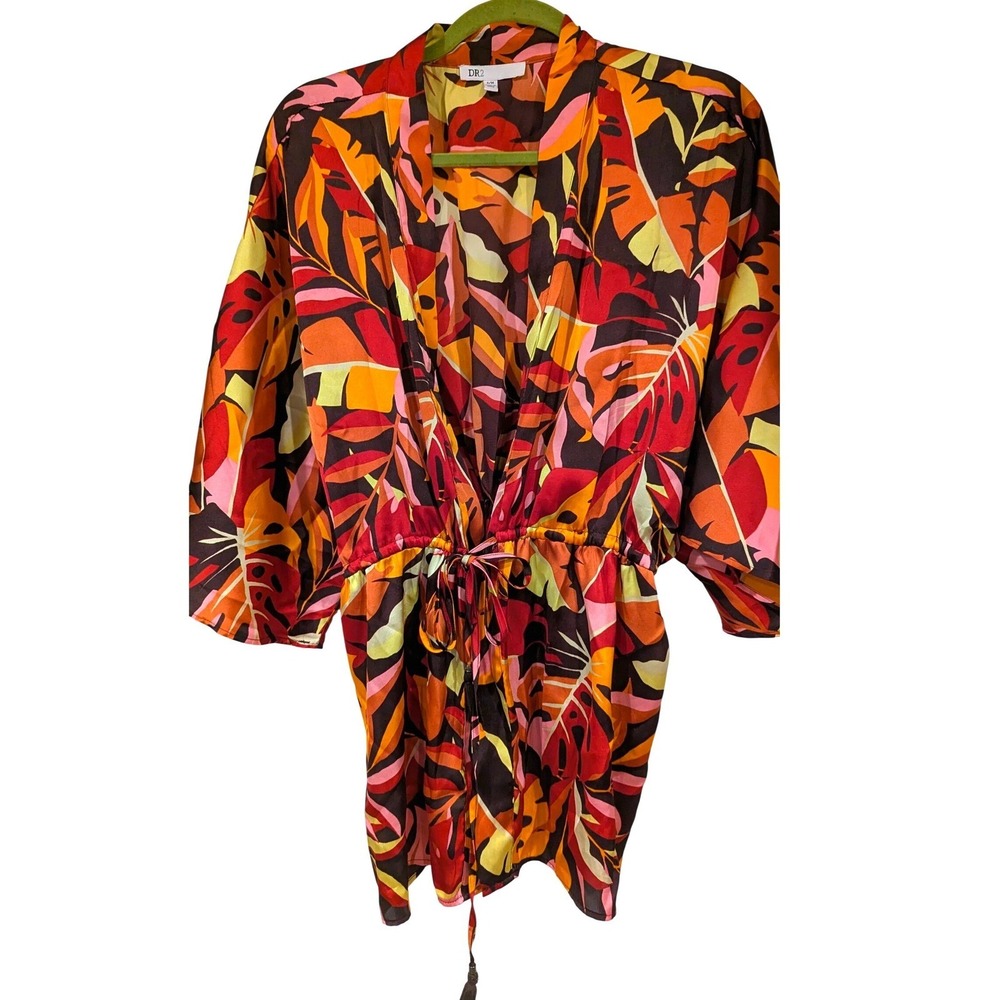 DR2 Tropical Leaf Print Kimono Robe Tassel‎ Tie Waist Women's S/M